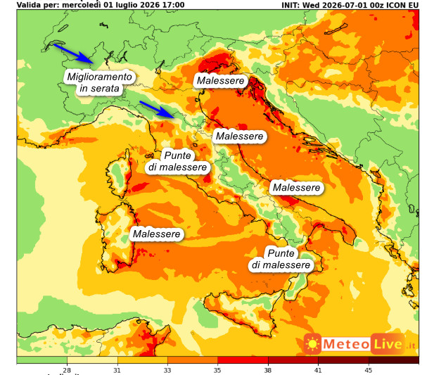 Indice di disagio da caldo alle ore 17 di mercoledi 1 luglio