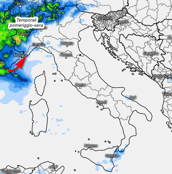 sommatoria delle precipitazioni attese in Italia nell'arco della giornata di sabato 25 luglio sempre secondo il modello ECMWF elaborato su base grafica Meteologix