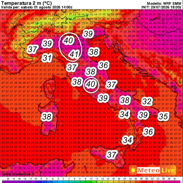 temperature attese in Italia alle ore 16 di sabato 1 agosto