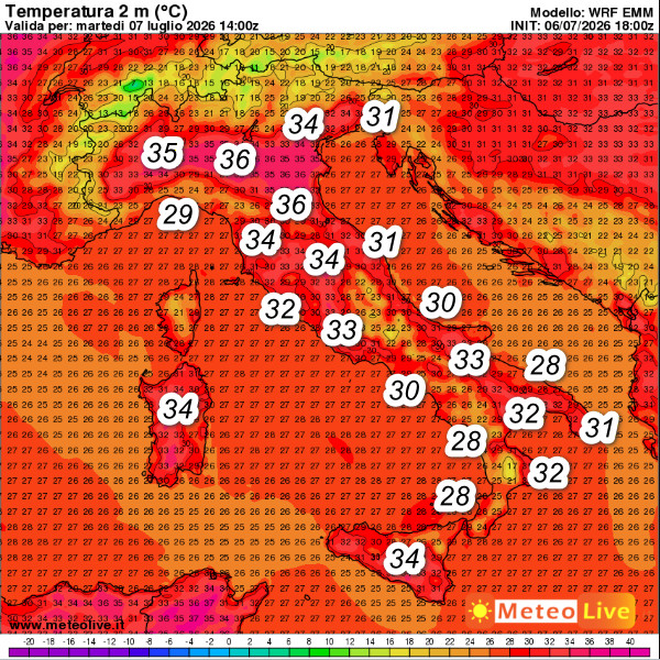 temperature attese in Italia alle ore 16 di martedi 7 luglio
