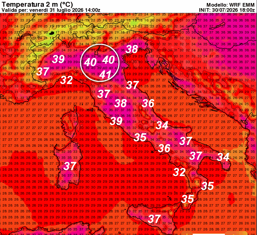temperature attese in Italia alle ore 16 di venerdi 31 luglio