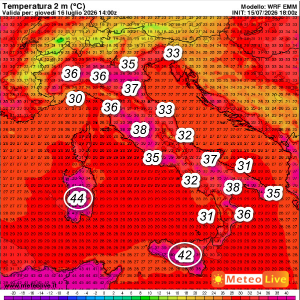 temperature attese in Italia alle ore 16 di giovedi 16 luglio