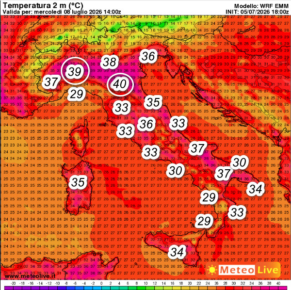 temperature al suolo attese in Italia alle ore 16 di mercoledi 8 luglio