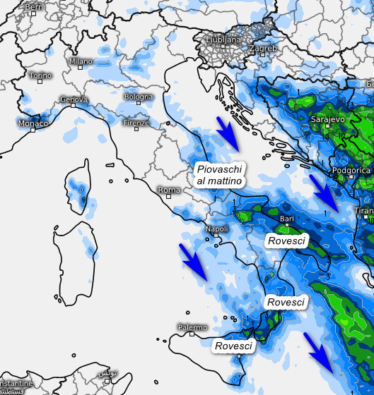 sommatoria delle precipitazioni attese in Italia nell'arco della giornata di venerdi 24 luglio secondo il modello ECMWF elaborato su base grafica Meteologix