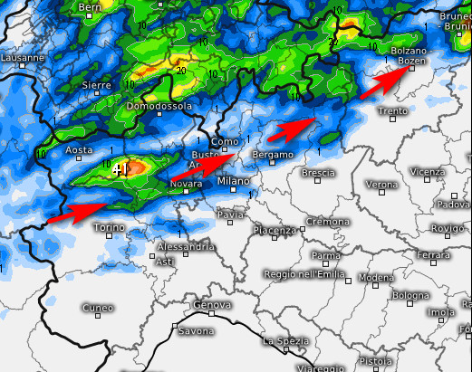 sommatoria delle precipitazioni attese in Italia tra le 14 di venerdi 31 luglio e le 2 di notte su sabato 1 agosto secondo il modello Swiss 4x4 elaborato su base grafica Meteologix