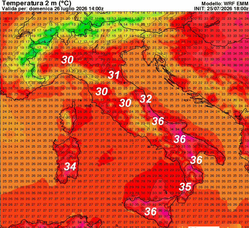 temperature attese in Italia alle ore 16 di domenica 26 luglio
