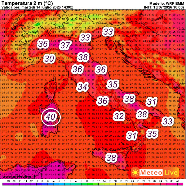 temperature attese in Italia alle ore 16 di martedi 14 luglio