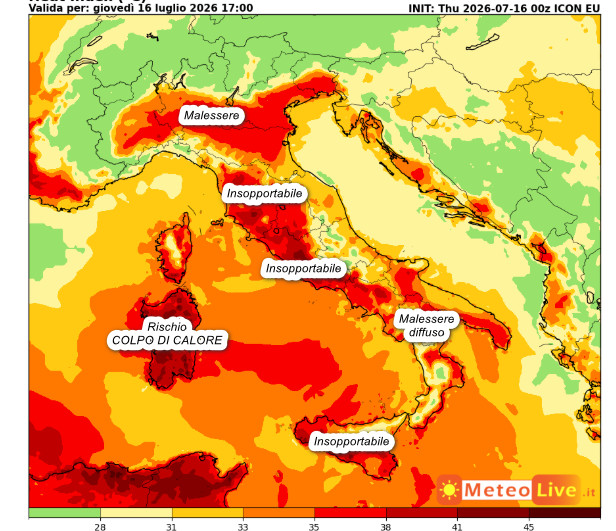 INDICE di DISAGIO da CALDO atteso in Italia alle ore 17 di giovedi 16 luglio