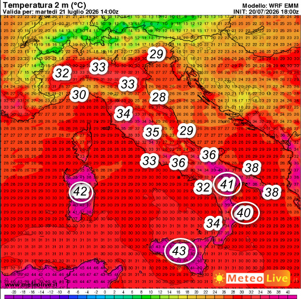 temperature attese in Italia alle ore 16 di martedì 21 luglio