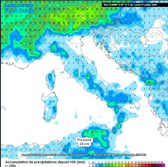 precipitazioni attese in Italia fino a gioved&igrave; 6 agosto secondo il modello GFS elaborato su base grafica Meteociel