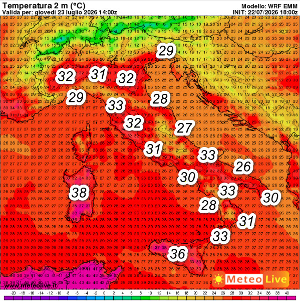 temperature attese in Italia alle ore 16 di giovedi 23 luglio