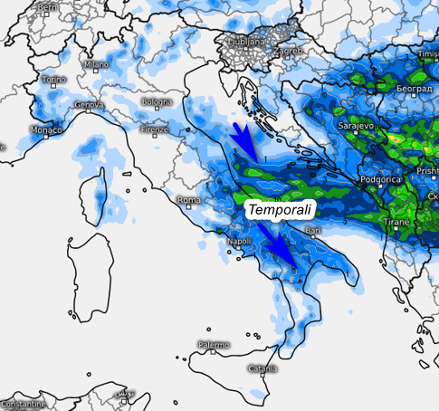 sommatoria dei temporali attesi sul nostro Paese nell'arco della giornata di mercoledi 22 luglio secondo il modello ECMWF elaborato sui base grafica Meteologi