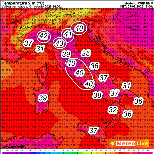  temperature attese al suolo in Italia alle ore 16 di sabato 1 agosto