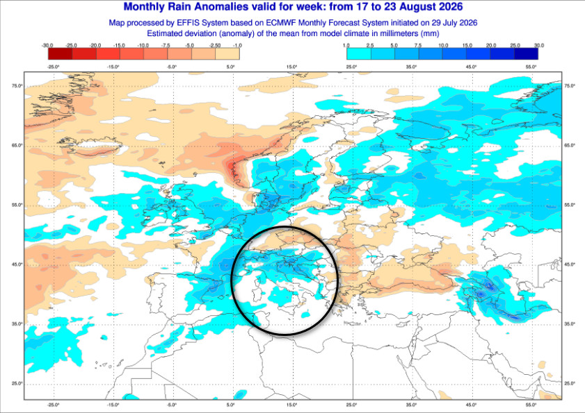 anomalie precipitative attese in Europa secondo il modello ECMWF elaborato su base Copernicus dal 17 al 23 agosto