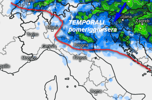 sommatoria dei temporali attesi in Italia nell'arco della giornata di domenica 19 luglio secondo il modello ICON elaborato su base grafica Meteologix