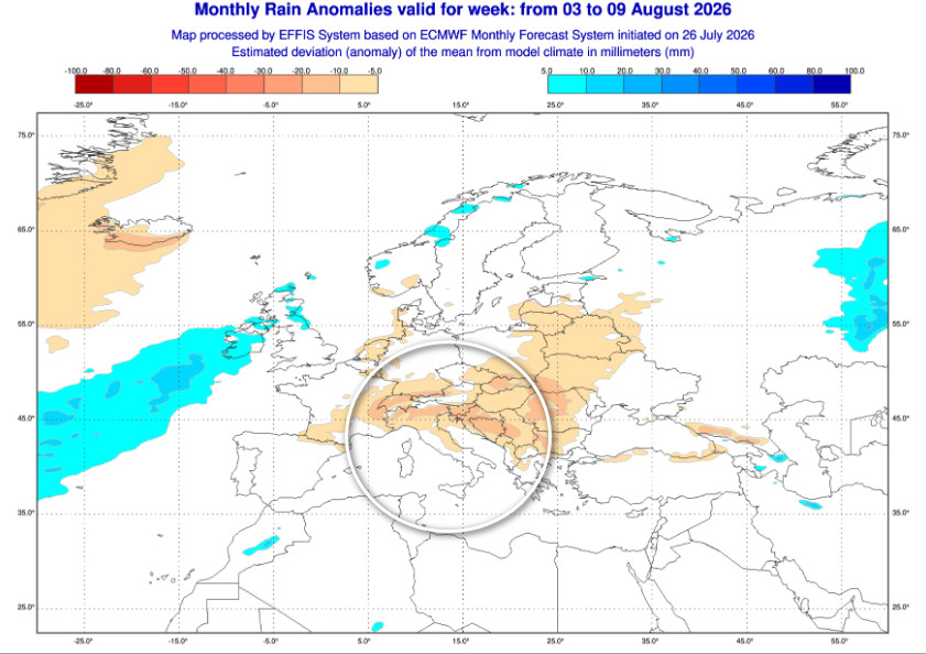 anomalie precipitative attese sul nostro Paese dal 3 al 9 agosto secondo il modello ECMWF elaborato su base grafica Copernicus