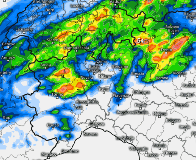 sommatoria delle precipitazioni attese al settentrione tra le 14 di venerdi 31 luglio e le 2 di notte su sabato 1 agosto secondo il modello SWISS 4X4 elaborato su base grafica Meteologix