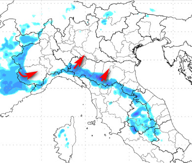 sommatoria dei temporali attesi in Italia fino alle ore 14 di venerdi 10 luglio secondo il modello Moloch elaborato su base grafica Lamma