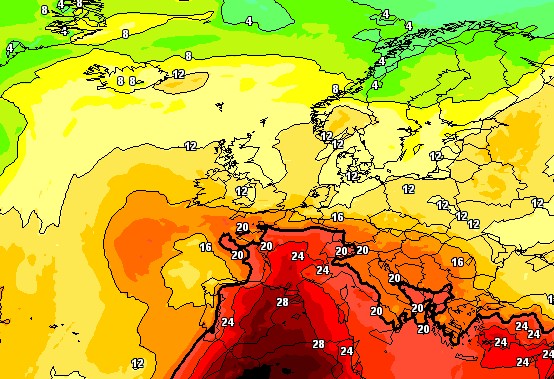 Le temperature previste a 1500m per domenica 12 luglio secondo GFS e su base grafica Meteociel.