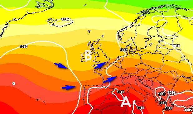 La saccatura prevista per il 17 luglio secondo il modello GFS su base grafica Meteociel.