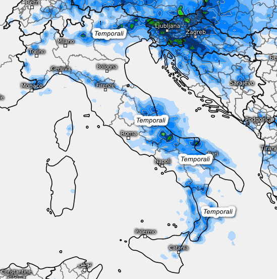 sommatoria delle precipitazioni attese sul nostro Paese nell'arco della giornata di giovedi 23 luglio secondo il modello ECMWF elaborato su base grafica Meteologix