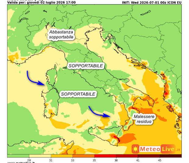 INDICE di DISAGIO da CALDO atteso in Italia alle ore 17 di giovedi 2 luglio