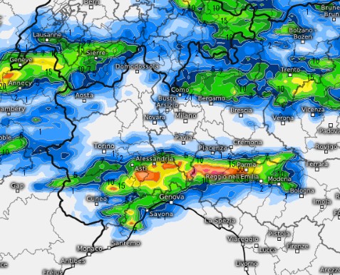 Temporali del pomeriggio odierno secondo Harmonie su base grafica Meteologix.