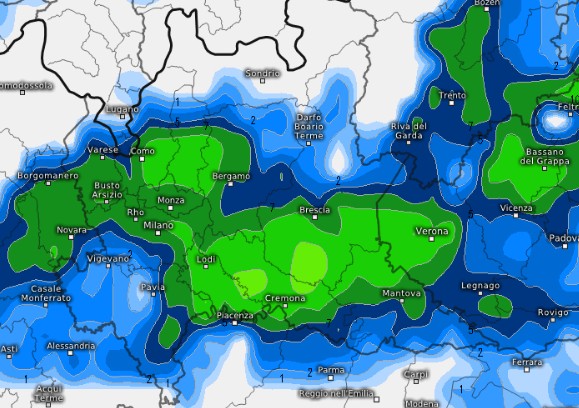 Previsioni temporali odierni secondo ICON su base Meteologix.