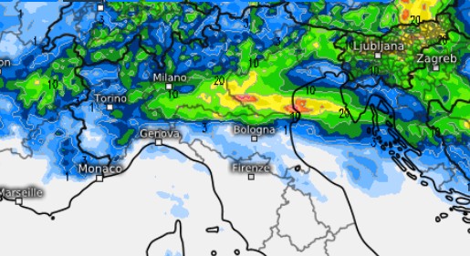 Mappa dei fenomeni attesi mercoledì 15 luglio sul nord Italia secondo ICON su base grafica Meteologix.