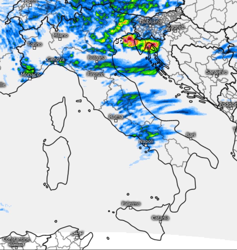 Piogge e temporali previsti dal modello Svizzero per il pomeriggio di domenica.