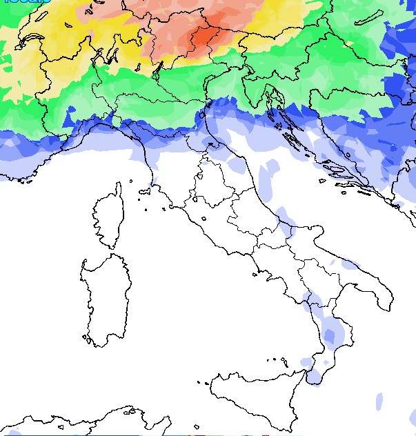 Probabilità di pioggia con una scala di colori per lunedì 20 luglio sull'Italia secondo GFS su base grafica Meteociel.