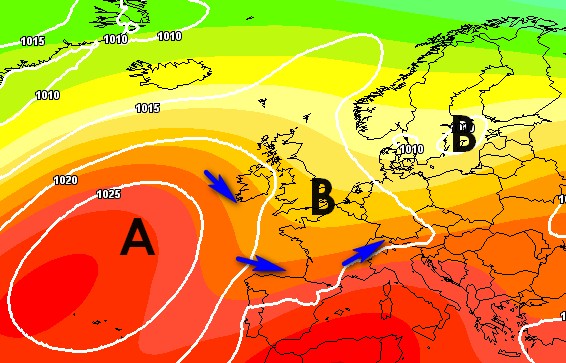 Il blando tentativo di una saccatura di spezzare l'assedio del caldo, mappa GFS su base grafica Meteociel prevista per il 20 luglio.