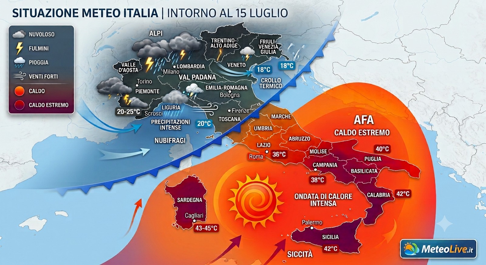 MALTEMPO stronca-caldo dal 15 luglio: le regioni colpite Guardate cosa potrebbe accadere dal 15 luglio in poi, specie al nord.