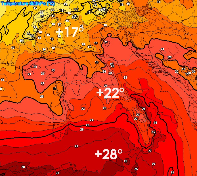 Le temperature a 1500m secondo il modello ECMWF su base grafica Meteociel per la giornata del 15 luglio.