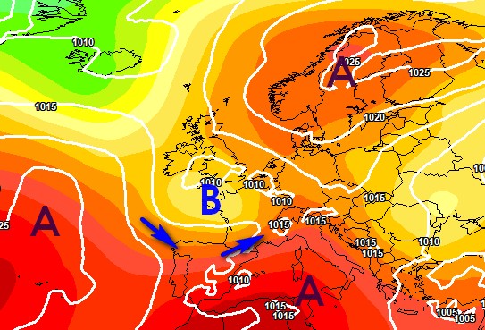 L'analisi barica a 5500m per il 15 luglio secondo il modello ECMWF su base grafica Meteociel.