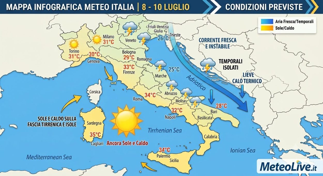 La mappa prevista per l'8-10 luglio che mette in evidenza l'afflusso fresco lungo l'Adriatico.
