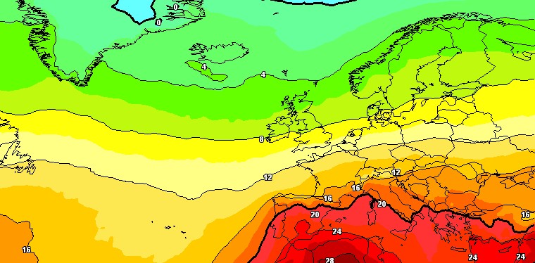 Le temperature medie previste a 1500m dal modello GFS su base grafica Meteociel per il 20-30 luglio