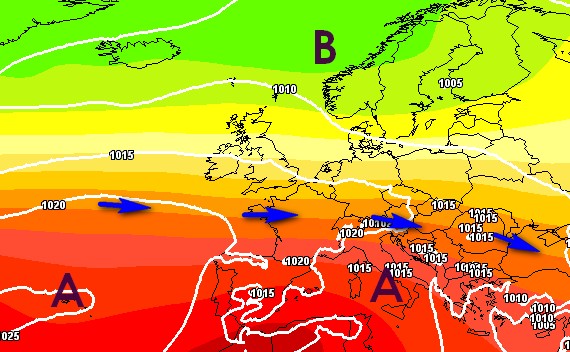 Lo schema barico per l'ultima decade di luglio secondo GFS su base grafica Meteociel.