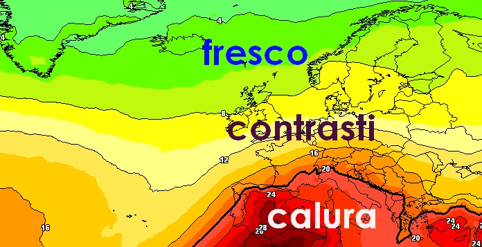 Carta termica a 1500m prevista dal modello GFS per il 26 luglio su base grafica Meteociel.