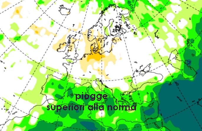 L'anomalia precipitativa segnalata dalla proiezione dal modello ECMWF per il mese di agosto.