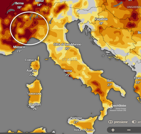grado di siccit&agrave; presente in Italia ad 1 metro di profondit&agrave; rilevata lunedi 27 luglio