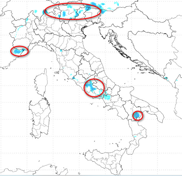 temporali attesi in Italia nella giornata di mercoledi 22 luglio - la mappa, estrapolata da modello Moloch elaborato su base grafica Lamma, si riferisce al lasso temporale tra le 14 di mercoledi 22 e le 2 di notte su giovedì 23 luglio