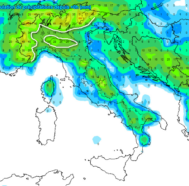 le piogge attese in Italia fino a lunedi 13 luglio secondo il modello GFS elaborato su base grafica Meteologix