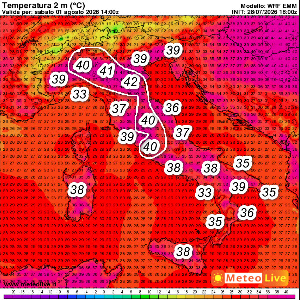 temperature attese in Italia alle ore 16 di sabato 1 agosto