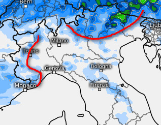 sommatoria delle precipitazioni attese nella giornata di sabato 1 agosto secondo il modello ECMWF elaborato su base grafica Meteologix