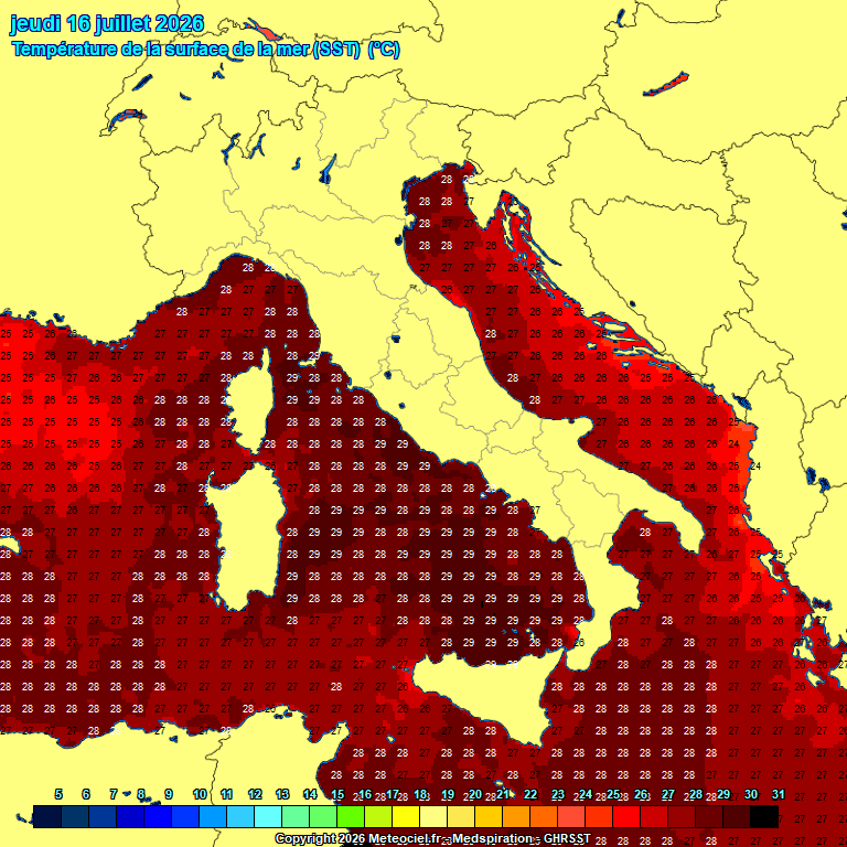 temperature del mare registrate in Italia nelle ore centrali di giovedi 16 luglio