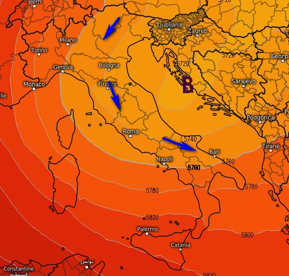 La falla barica che consentirà temporali in Adriatico secondo il modello ECMWF su base grafica Meteologix.