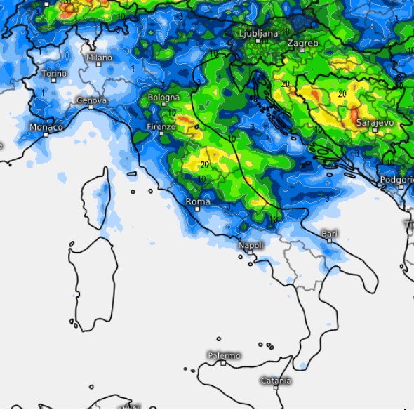 I temporali in viaggio dalle Venezie al medio Adriatico tra mercoledì 8 e giovedì 9 luglio secondo ECMWF su base grafica Meteologix.