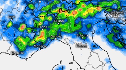 I temporali previsti nella tarda serata di sabato 11 e nelle prime ore di domenica 12 luglio secondo il modello GFS su base grafica Meteologix.
