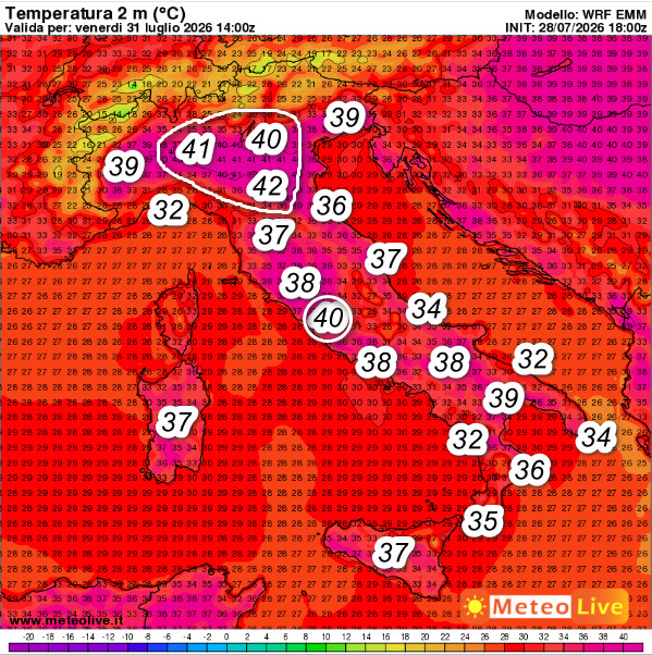 temperature attese al suolo alle ore 16 di venerdi 31 luglio